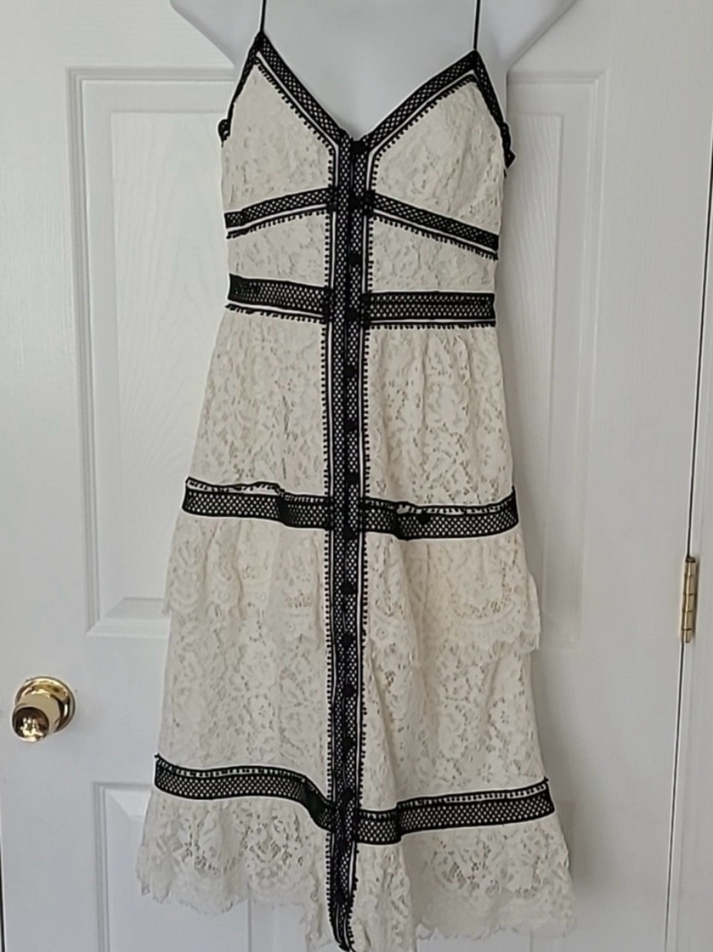 Self-Portrait Cream Lace Midi Dress with Black Trim